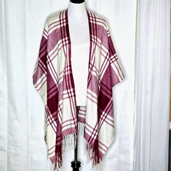 Banana Republic Mariana Deep Red Plaid Fringe Cashmere Blend Poncho Wrap Sweater - Picture 2 of 10